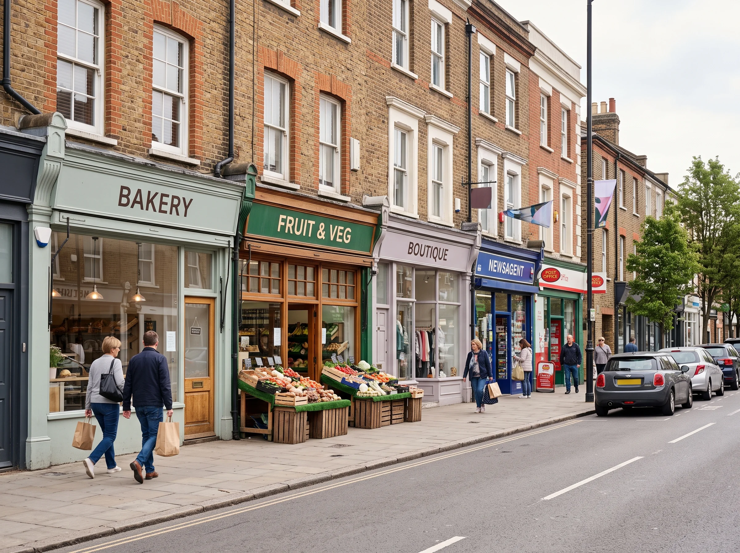 A narrow local high street lined with small independent shops in older brick buildings