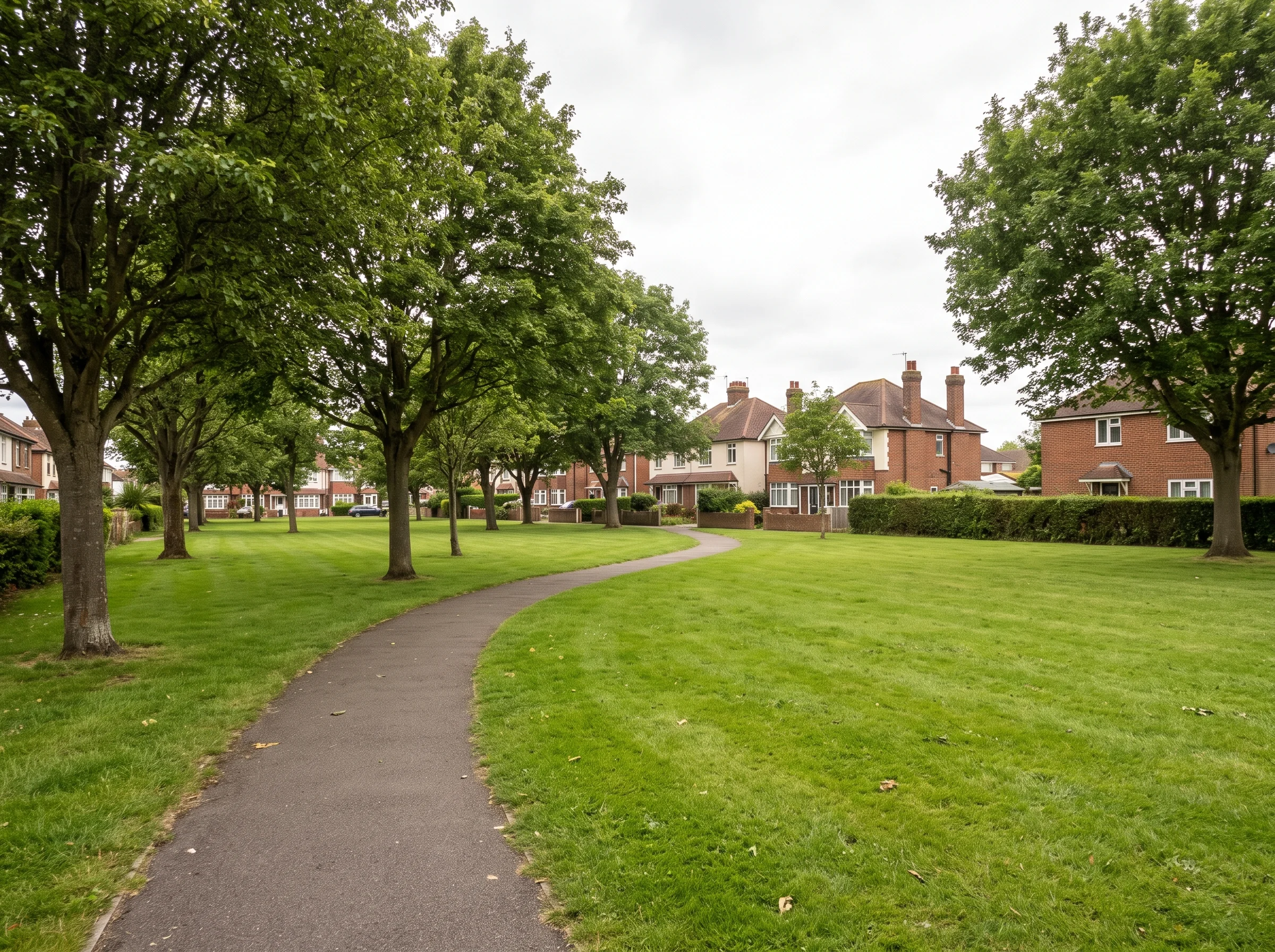 An open green with mature trees and a footpath, with houses along its far edge