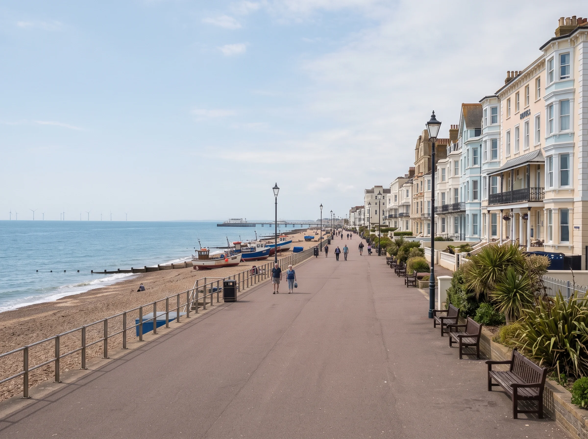 The seafront promenade running beside the sea, with seafront buildings on one side and a few walkers in the distance