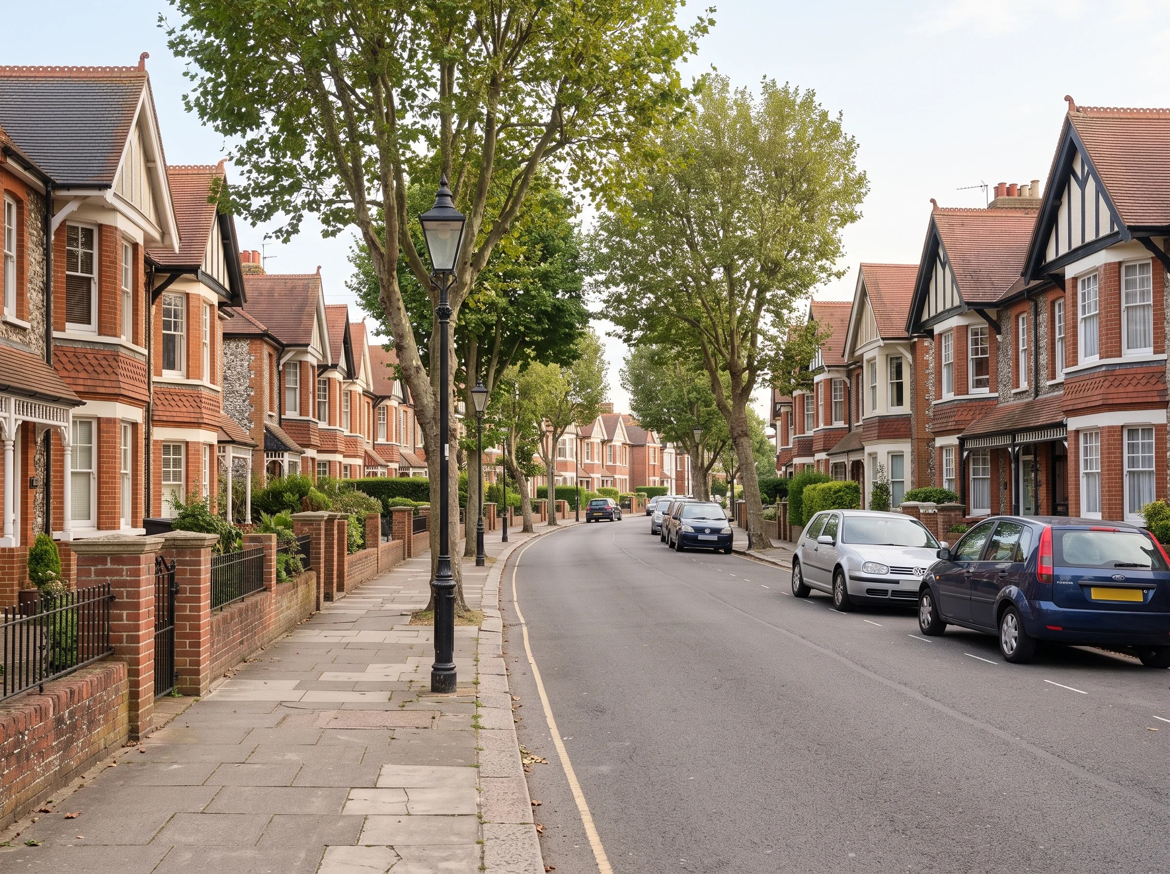 A quiet tree-lined road of bay-fronted period houses with small front gardens