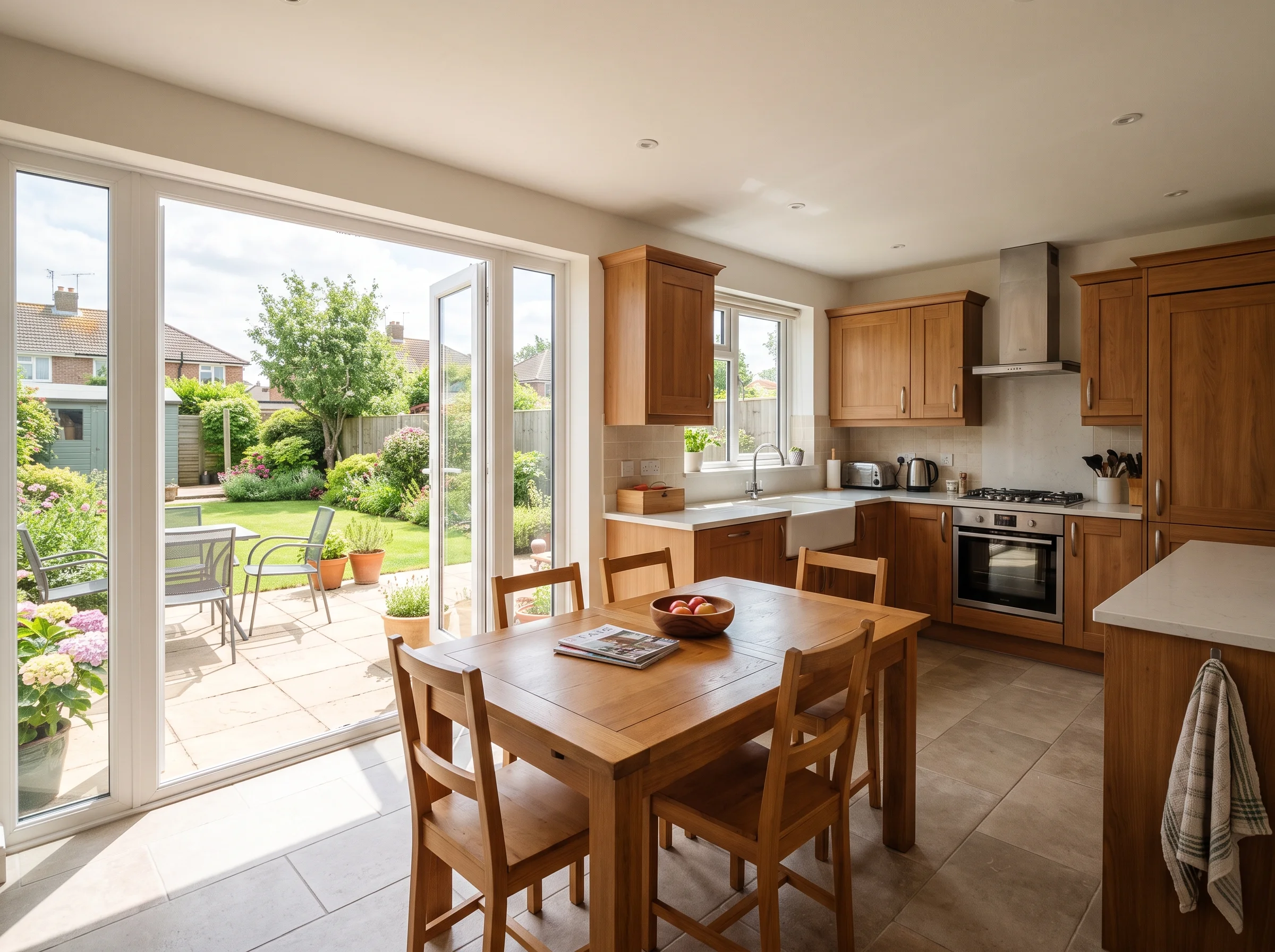Family kitchen-diner with a table beside glazed doors to the garden