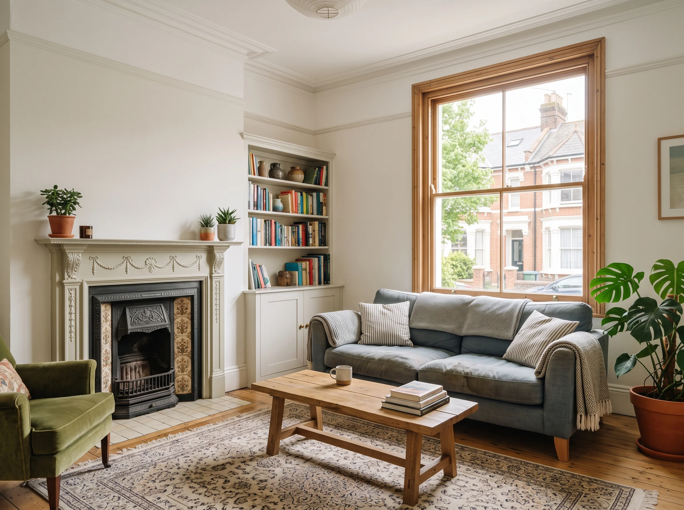 Daylit living room in a period flat with a tall sash window and wooden floor