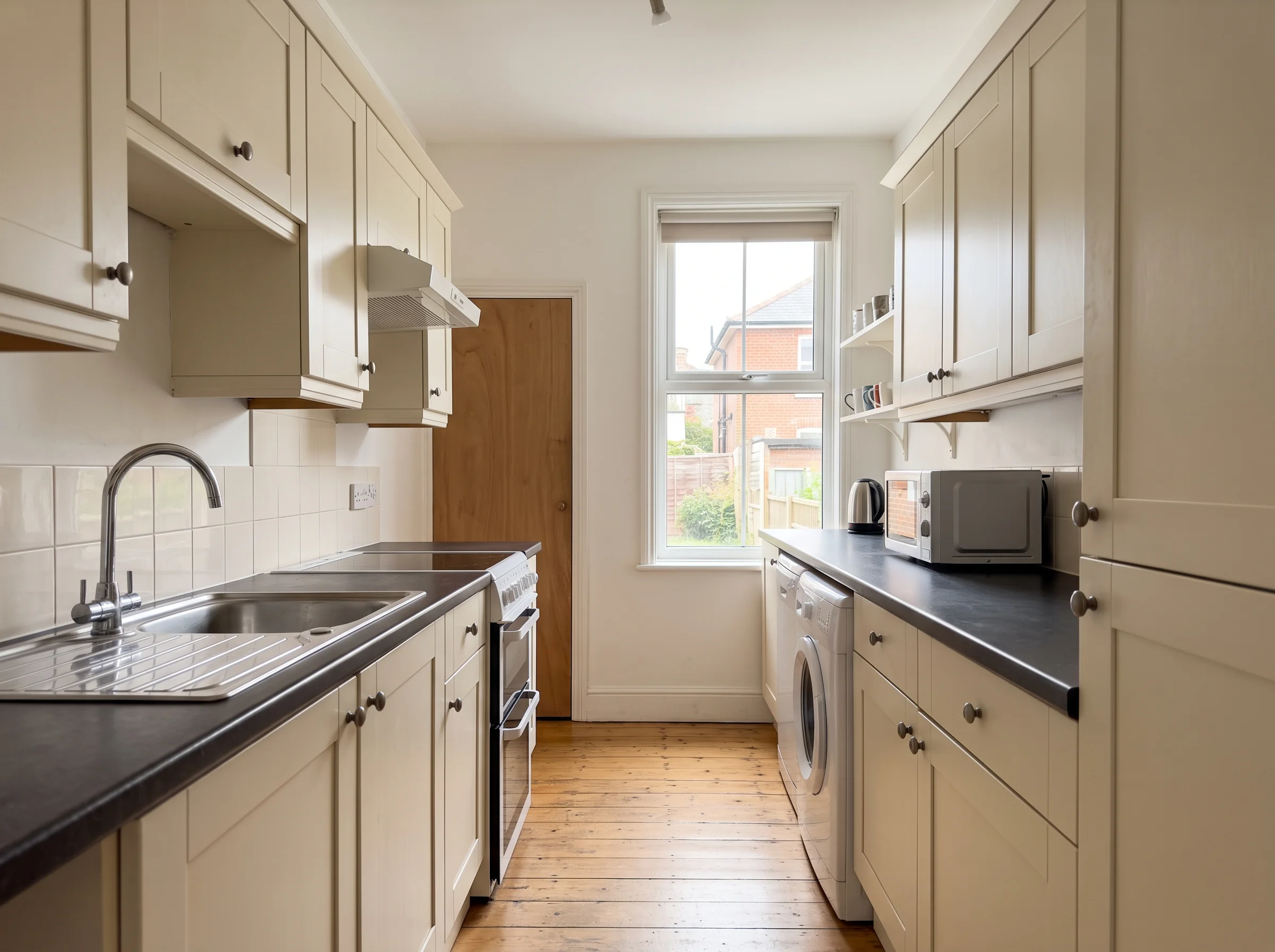 Small, tidy galley kitchen with pale units and a window over the sink