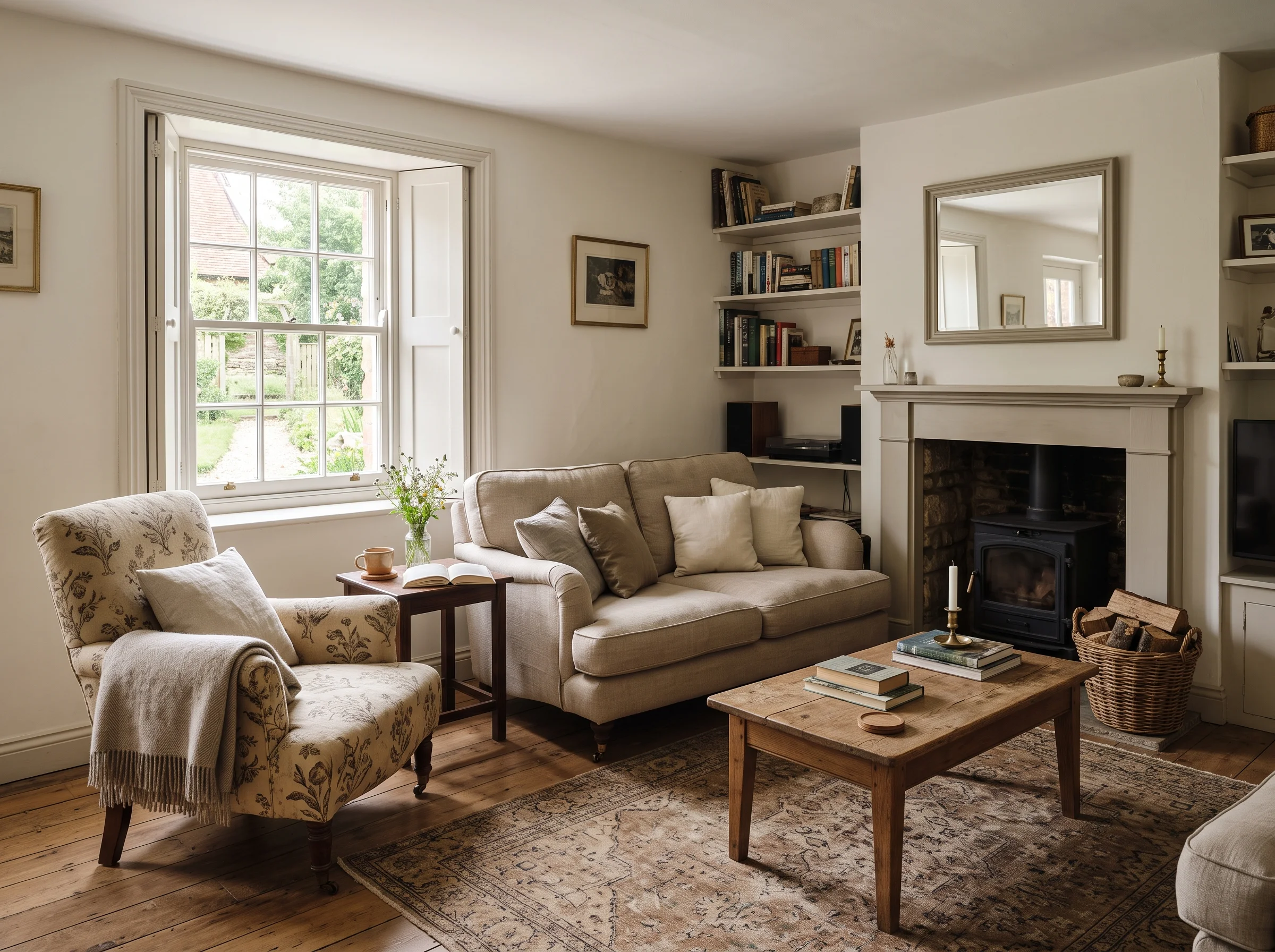 Small cottage sitting room with a fireplace and a small-paned window
