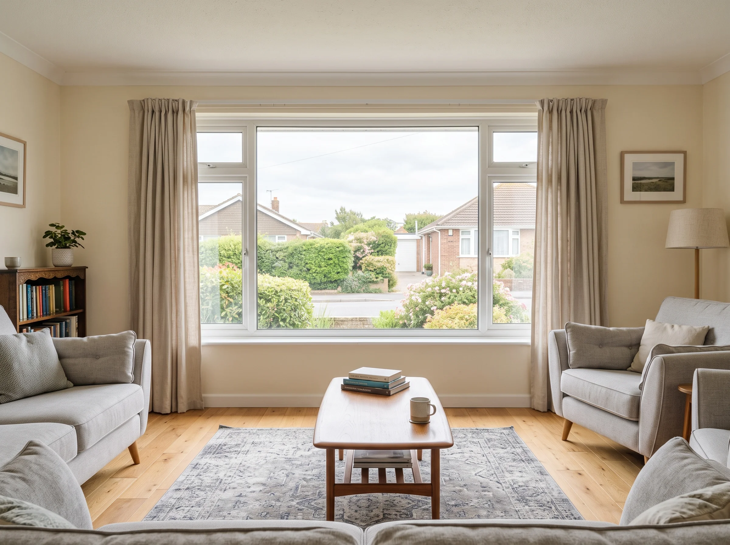 Bright bungalow living room with a wide window looking onto a front lawn