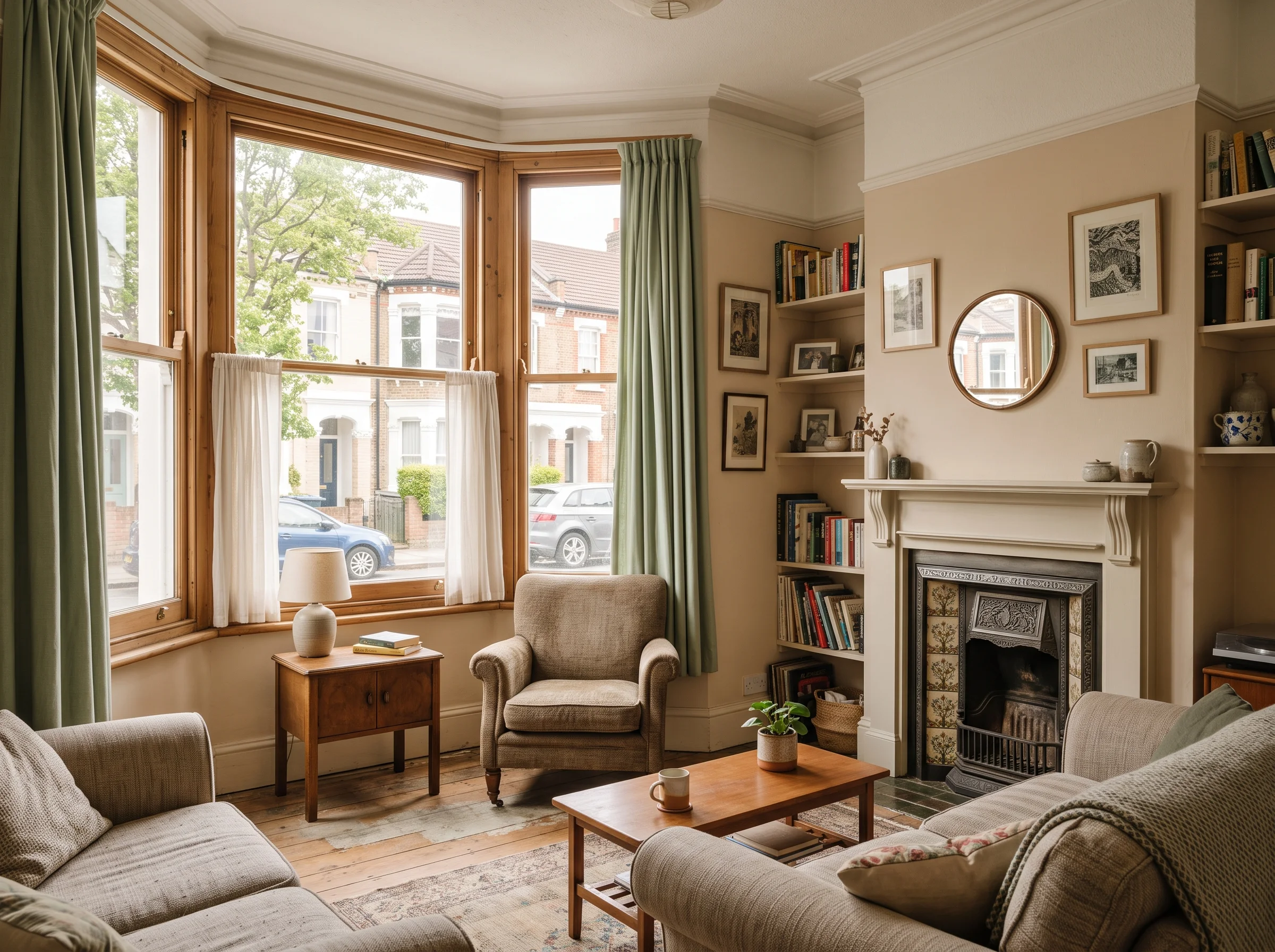 Front room of a terraced house with daylight coming through a bay window
