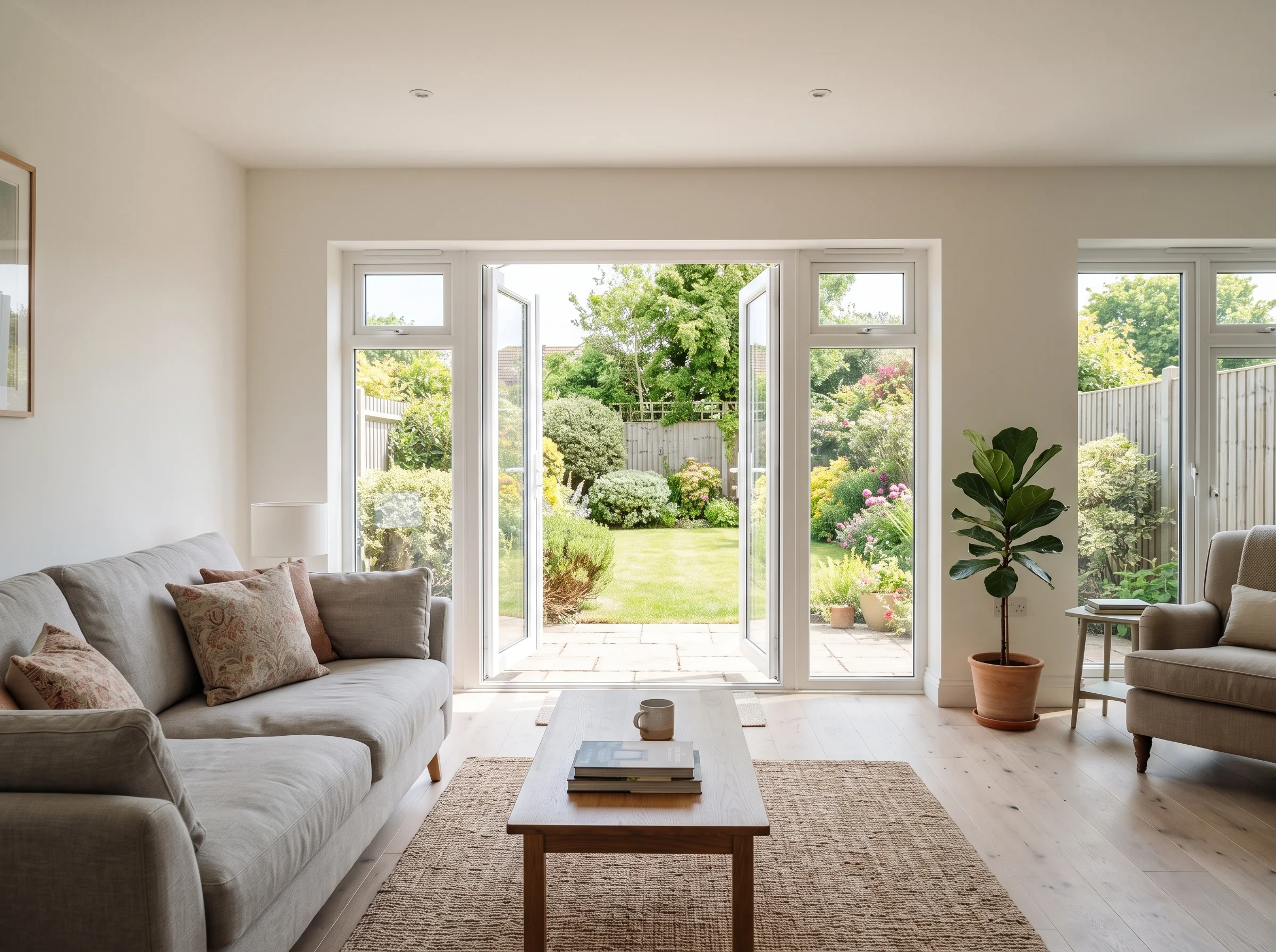 A bungalow living room with wide glazed doors onto the back garden