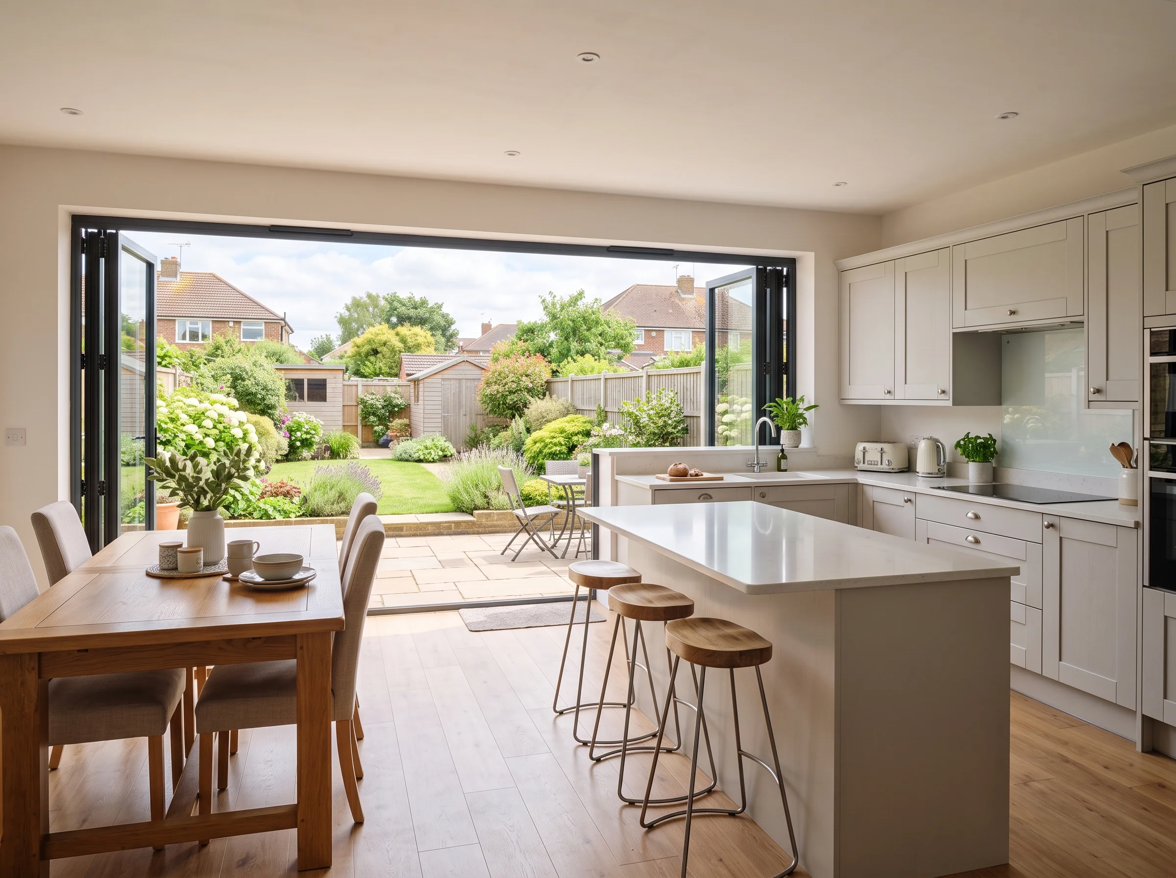 A kitchen-diner with glazed doors opening onto a lawned back garden