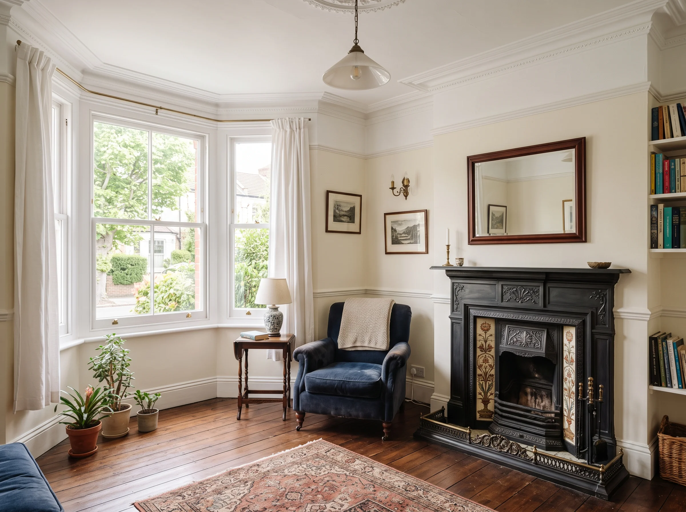 A Victorian front room with sash windows, a fireplace and polished wooden floorboards.