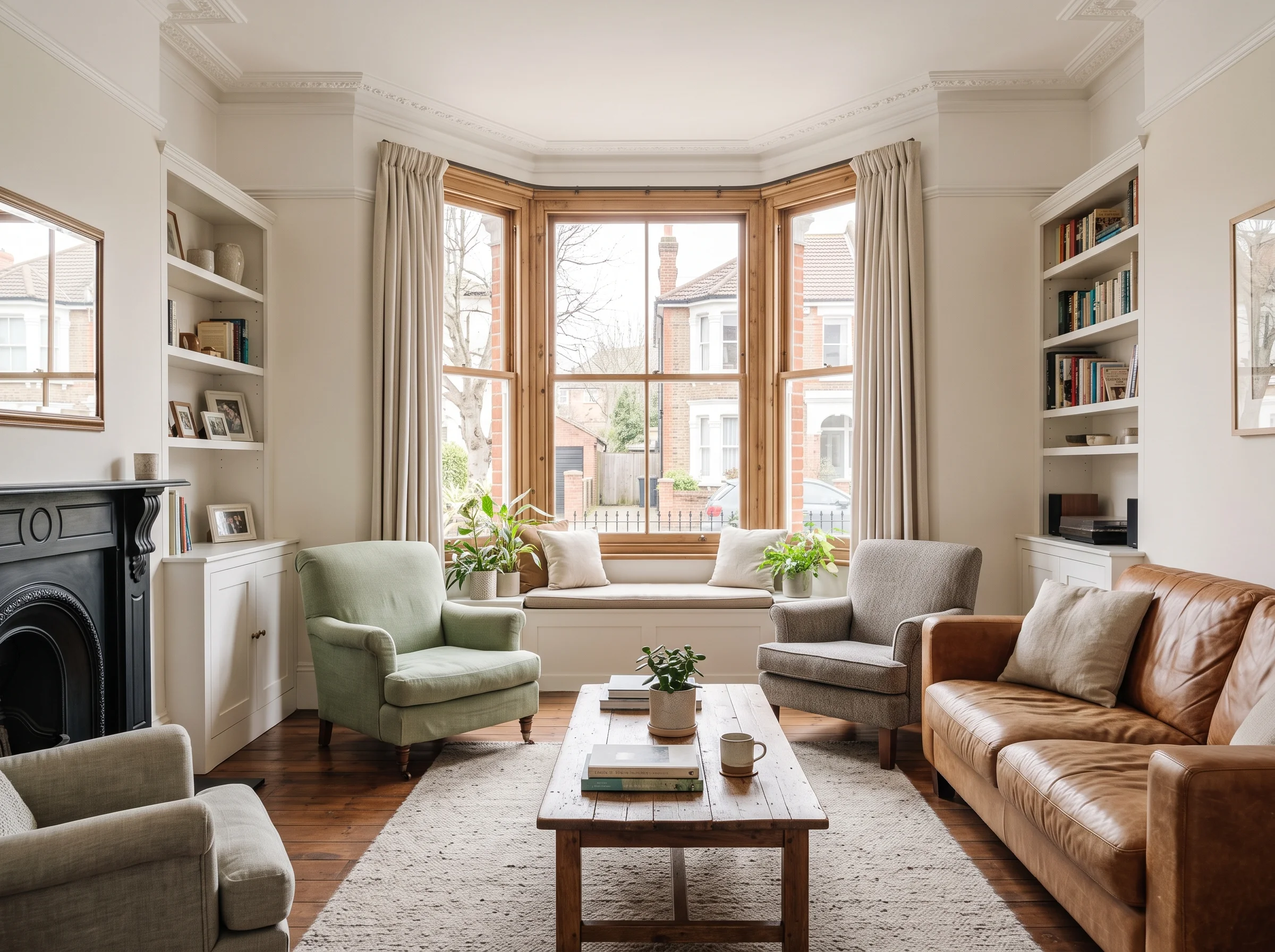 A light living room with a tall bay window and high ceiling in a period flat