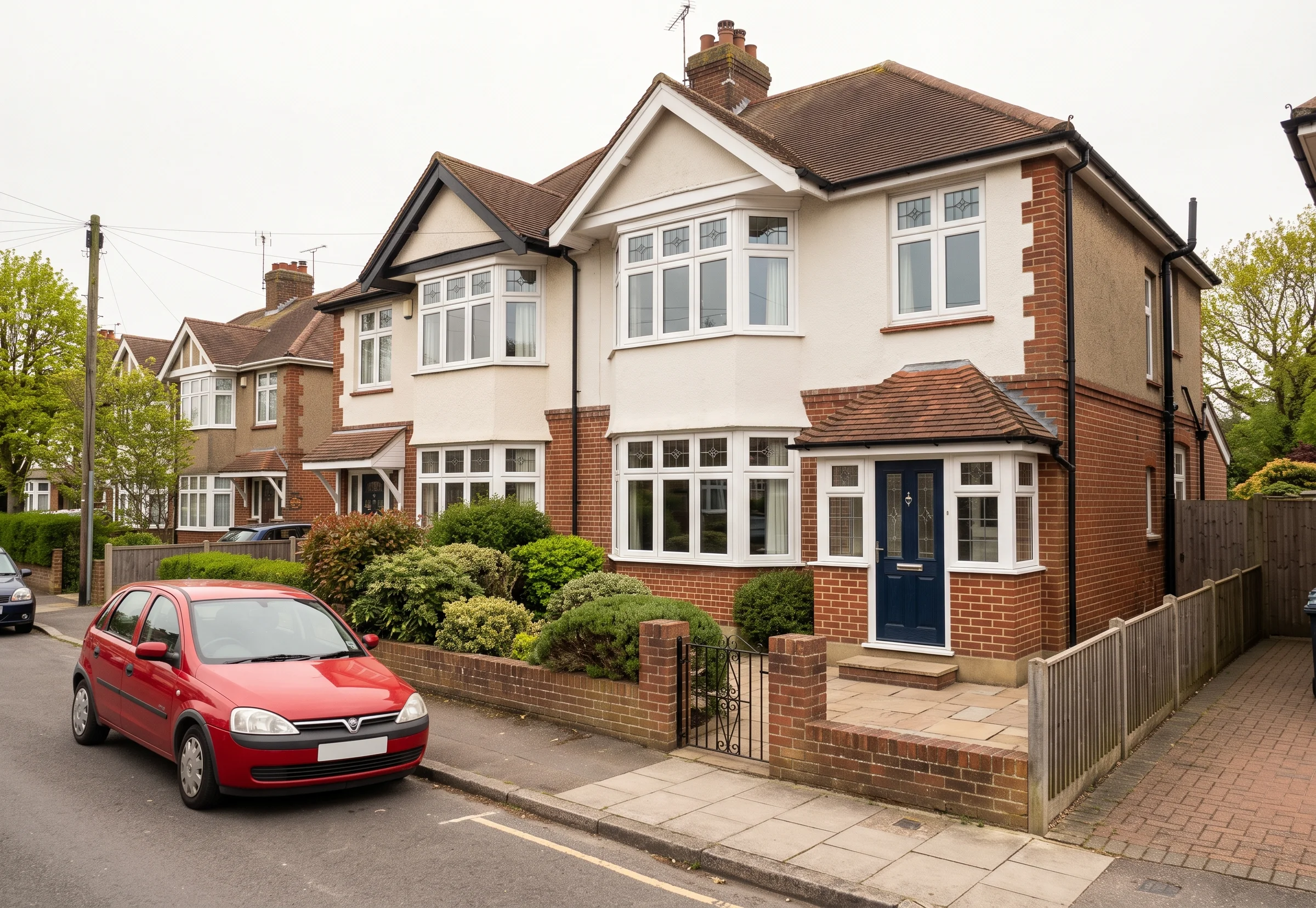A semi-detached house with a bay window, porch and small front garden