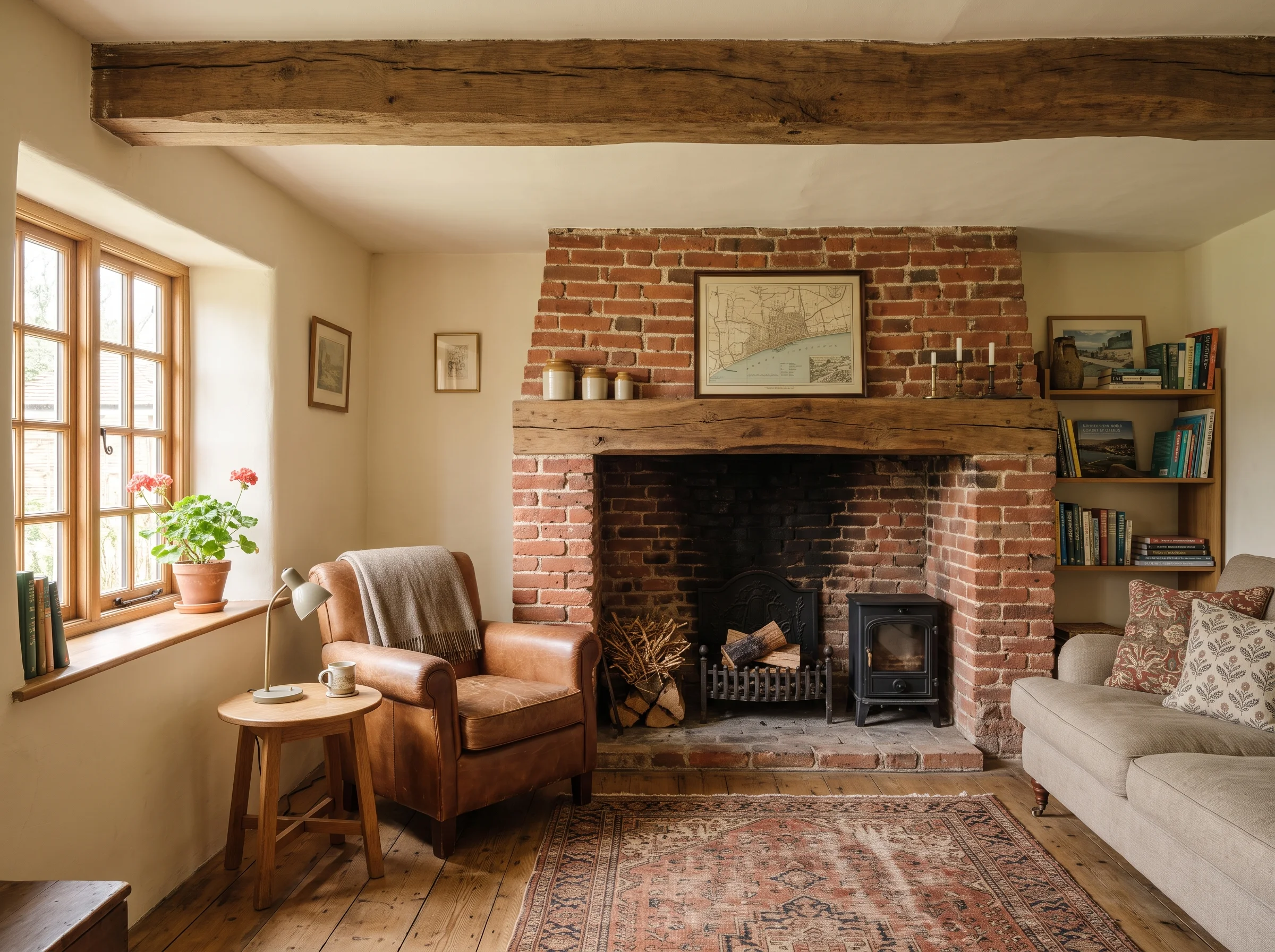 A small cottage sitting room with a ceiling beam and brick fireplace