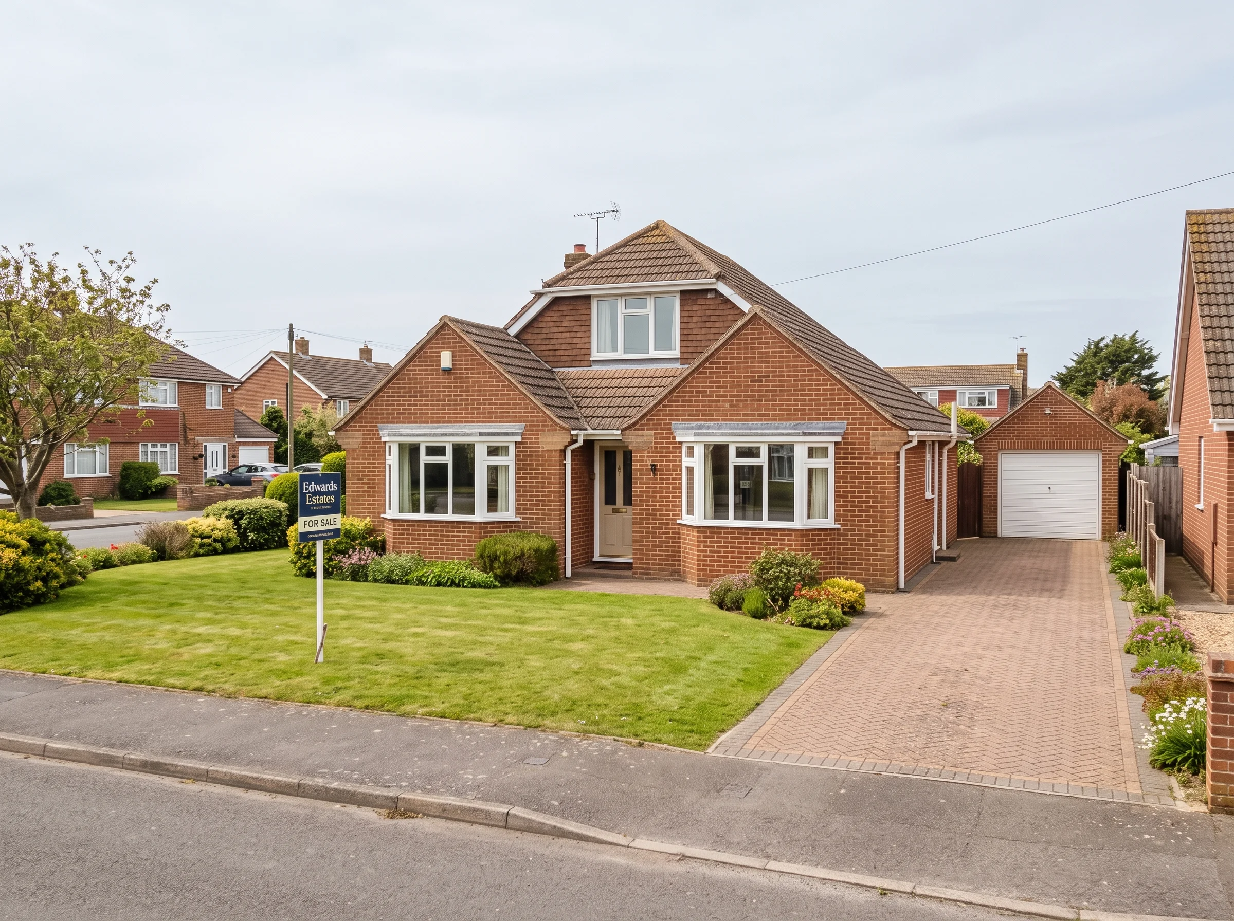 A detached bungalow with a front lawn and driveway beside a wide grass verge