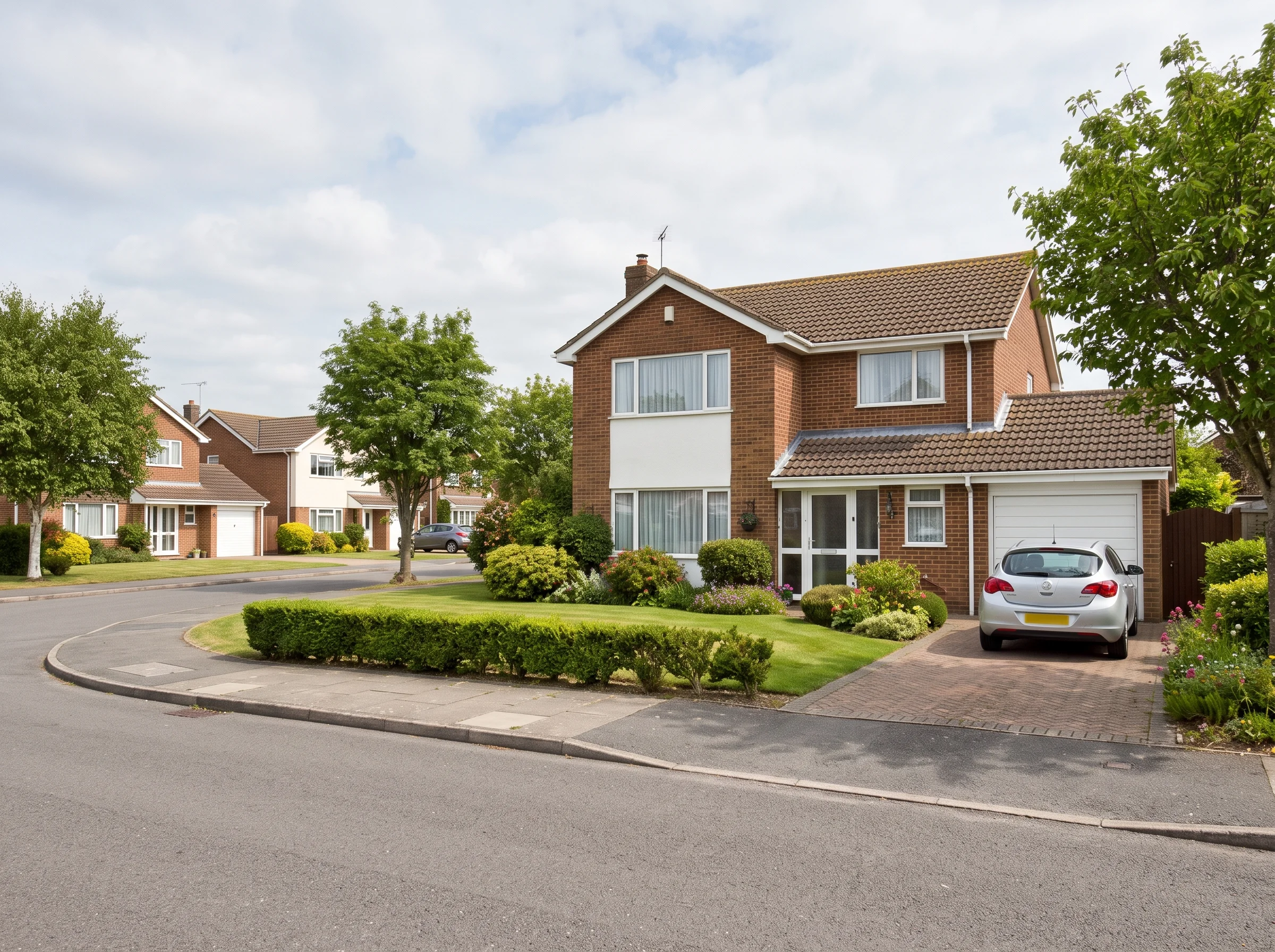 A detached family house with a driveway and open front lawn on a residential close