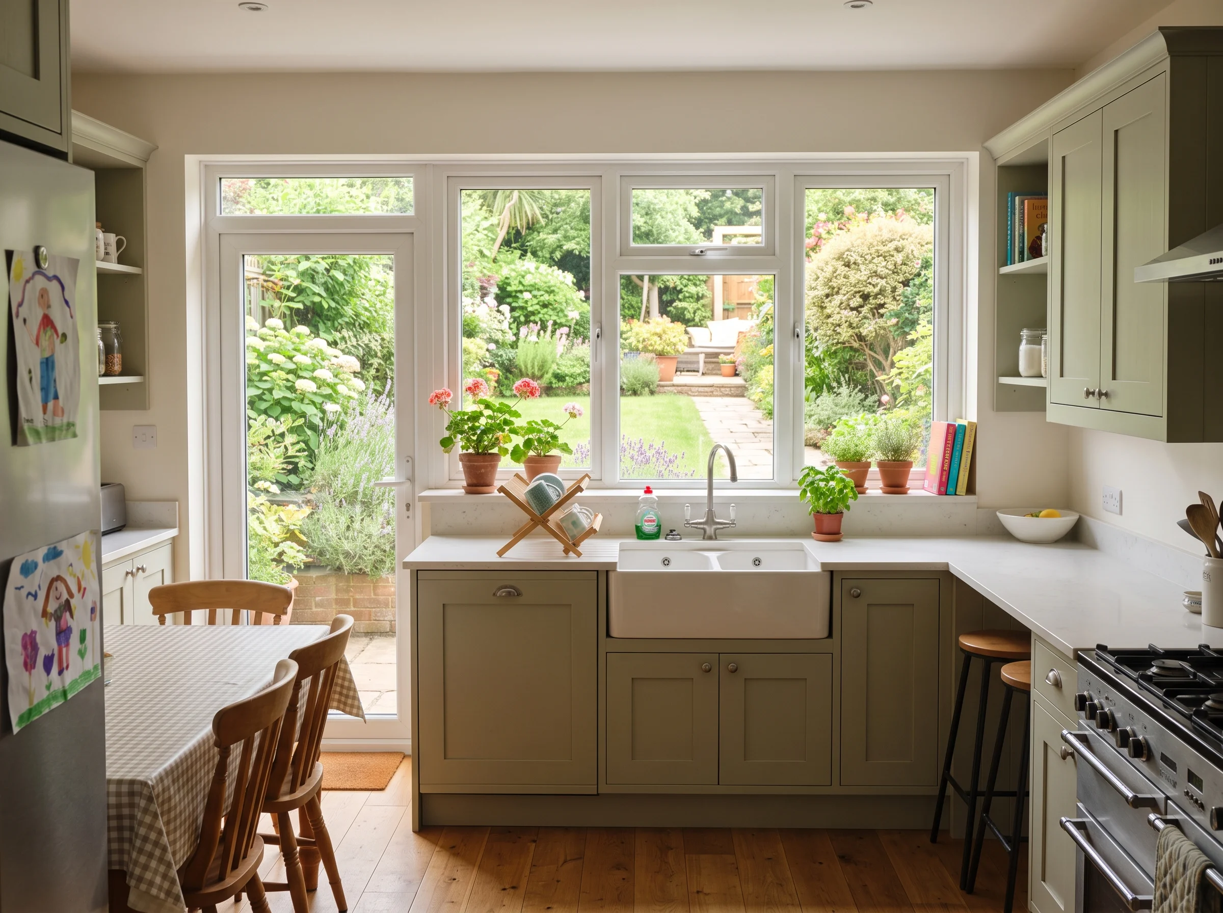 A family kitchen with a window over the sink looking onto the garden
