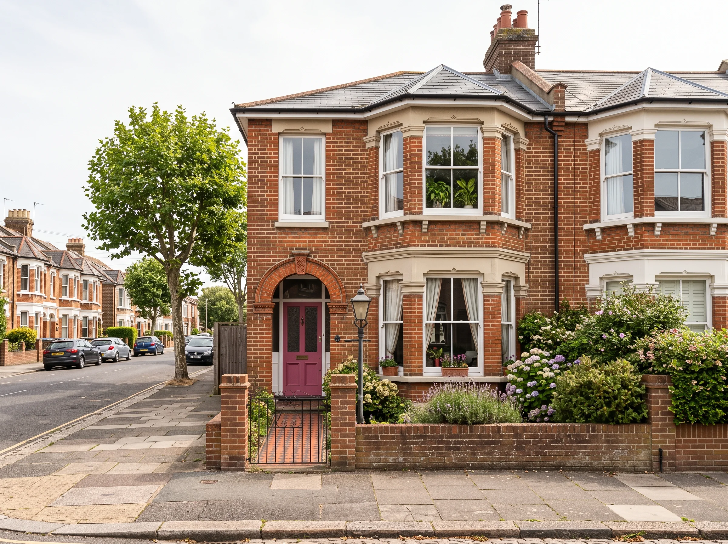 A bay-fronted Victorian house with a front path and hedge on a residential street