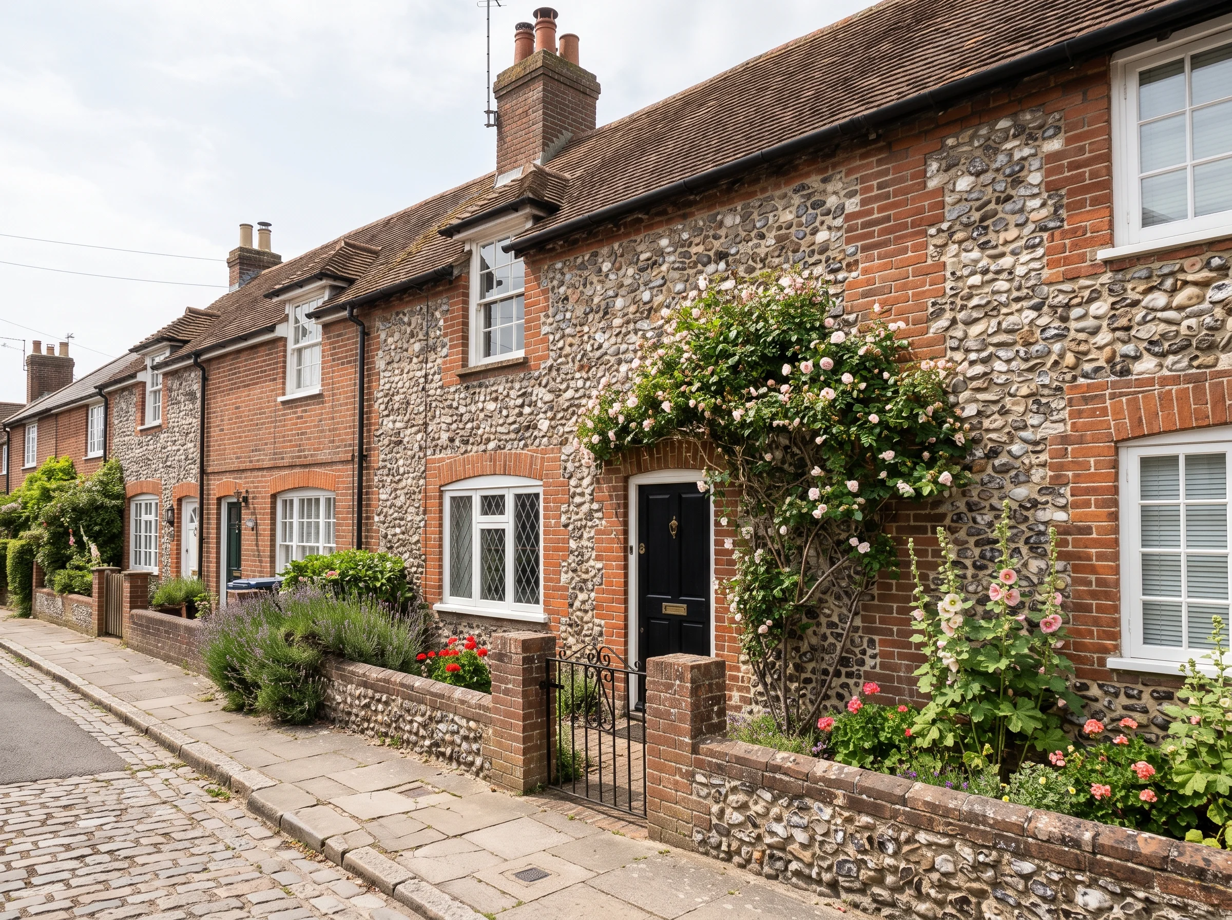 A small brick and flint terraced cottage with its front door onto a narrow pavement