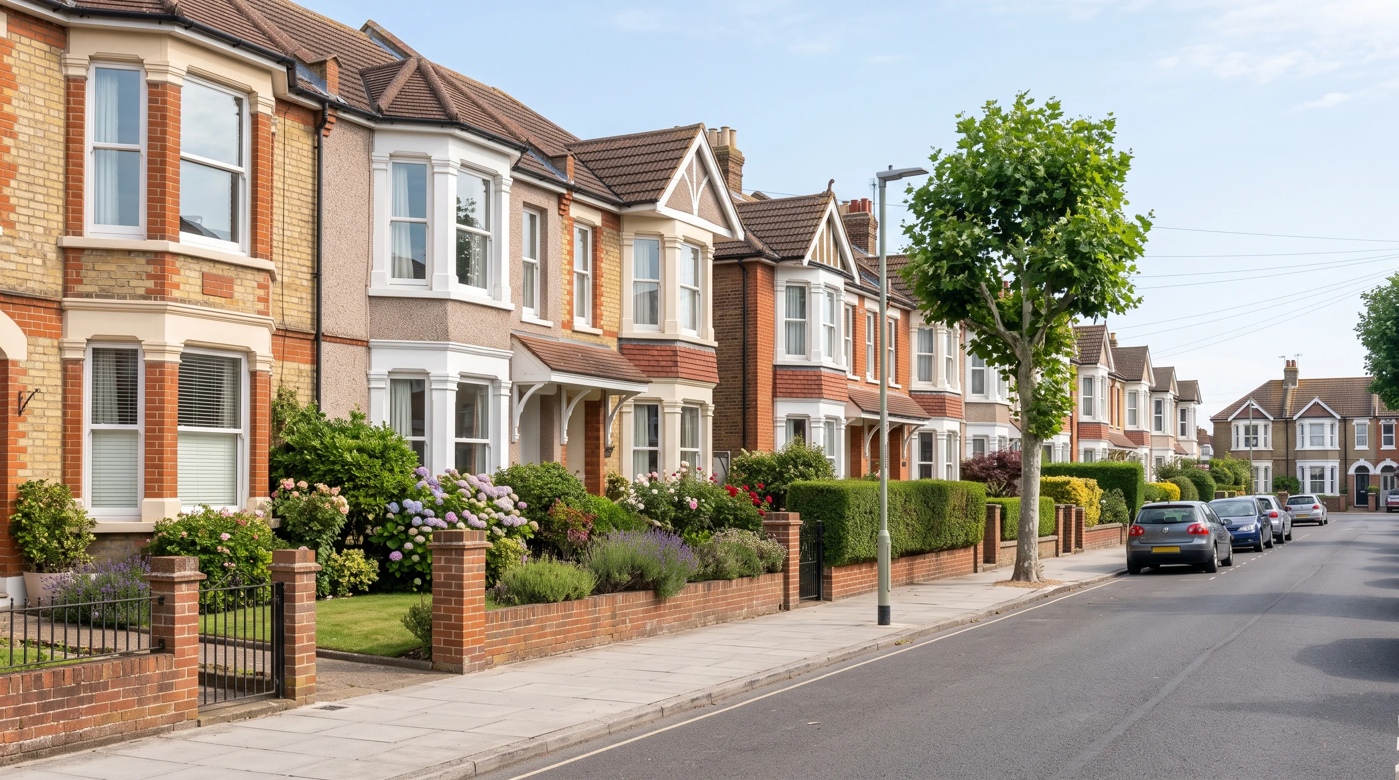 A quiet residential street of bay-windowed houses with small front gardens on a bright morning