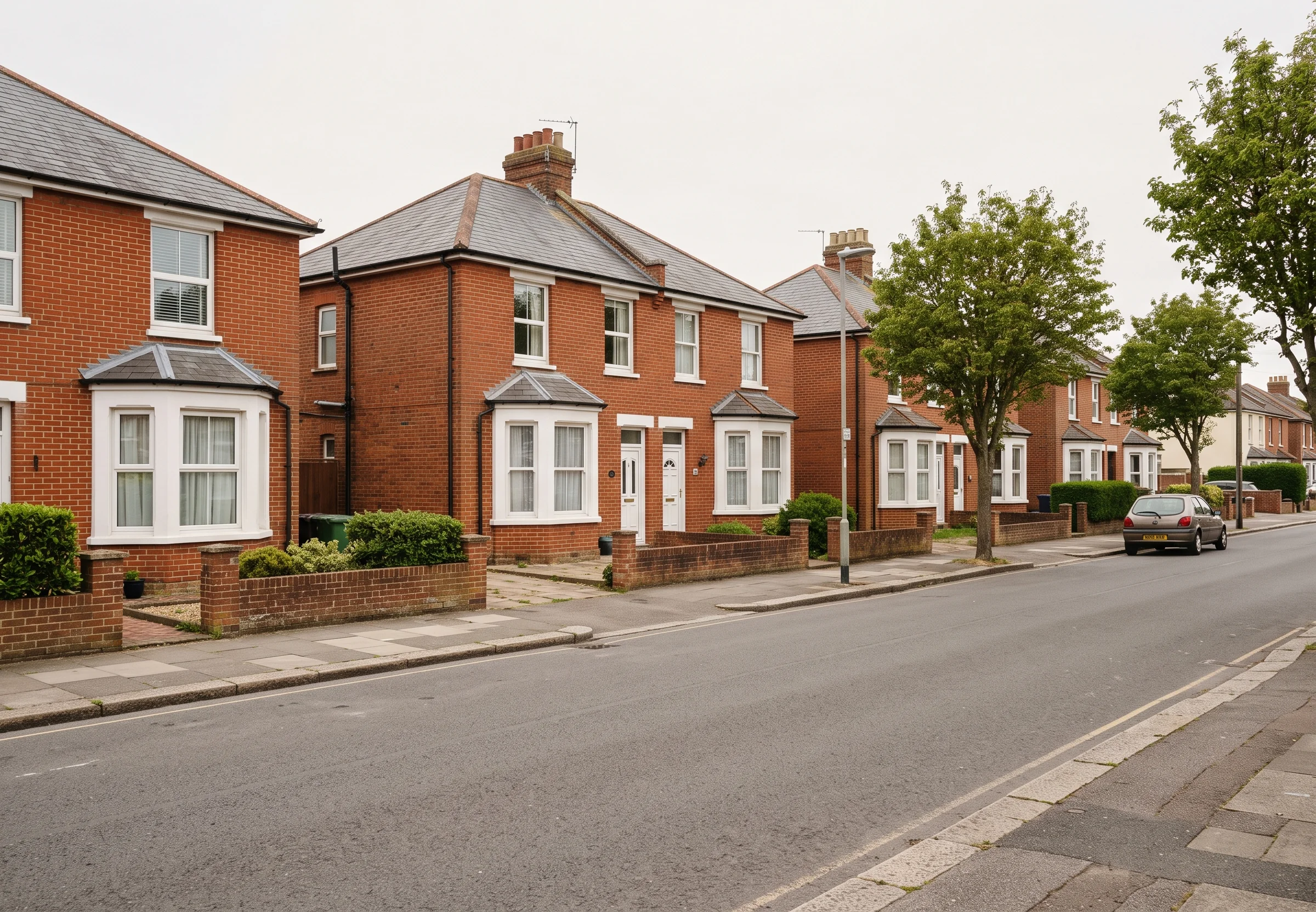 Red-brick semi-detached houses with small front gardens on a quiet residential road