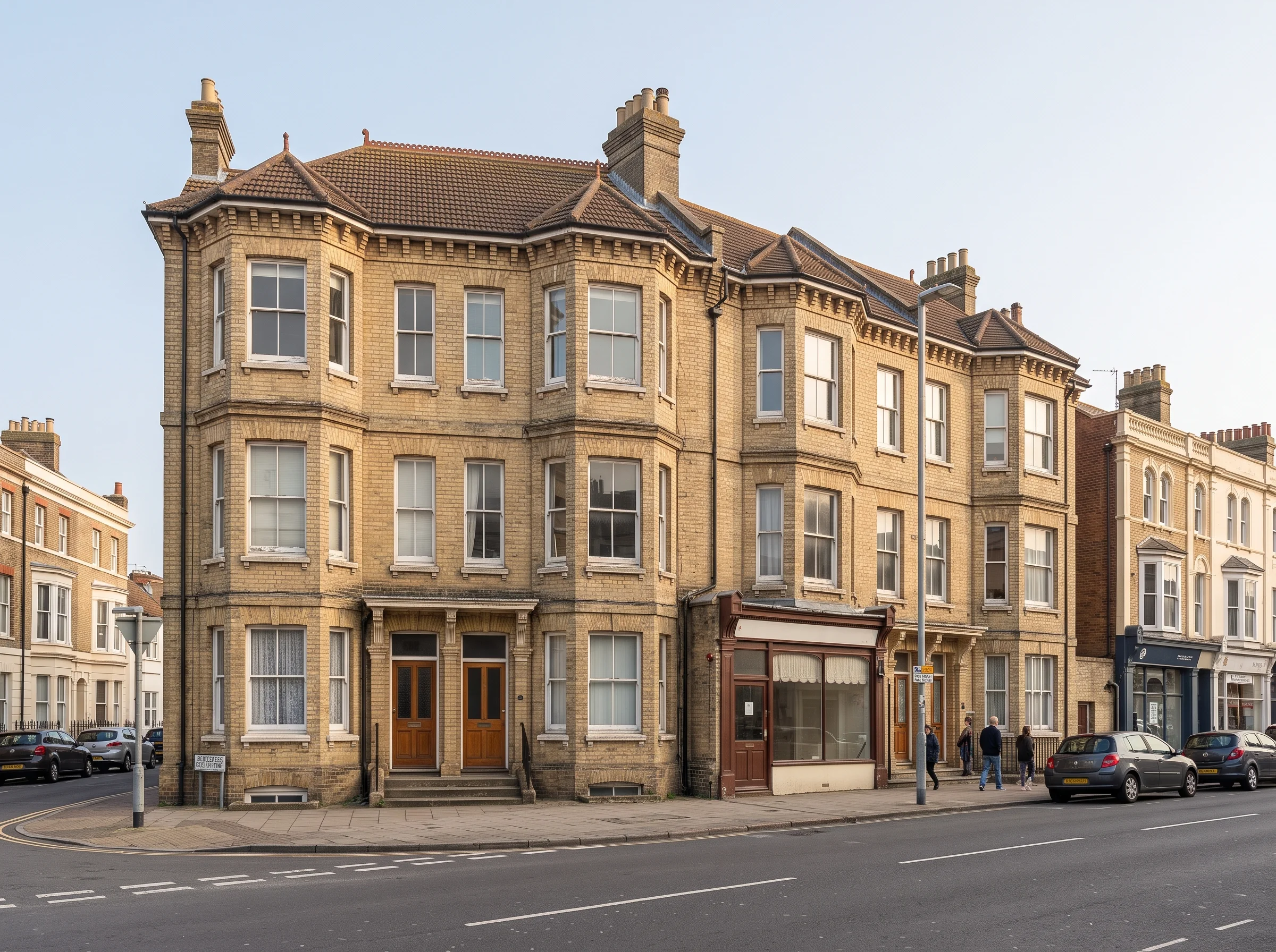 A yellow brick period building of flats with bay windows on a town-centre street, with parked cars and a few pedestrians on the pavement.