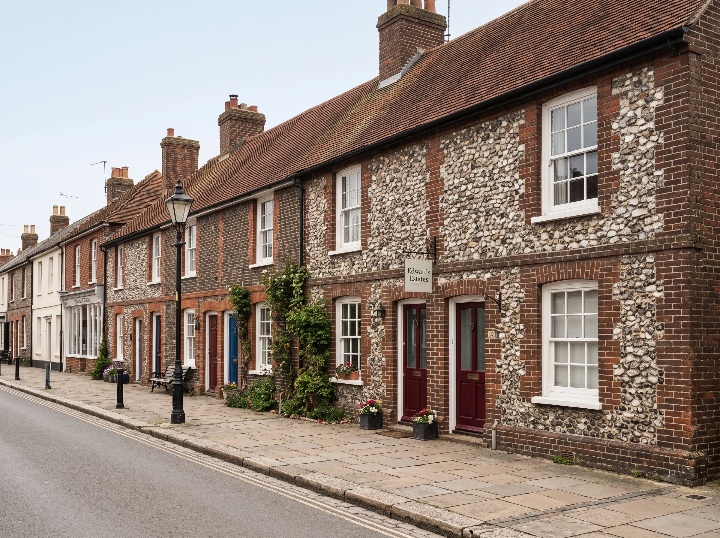Small brick and flint terraced cottages along a narrow pavement