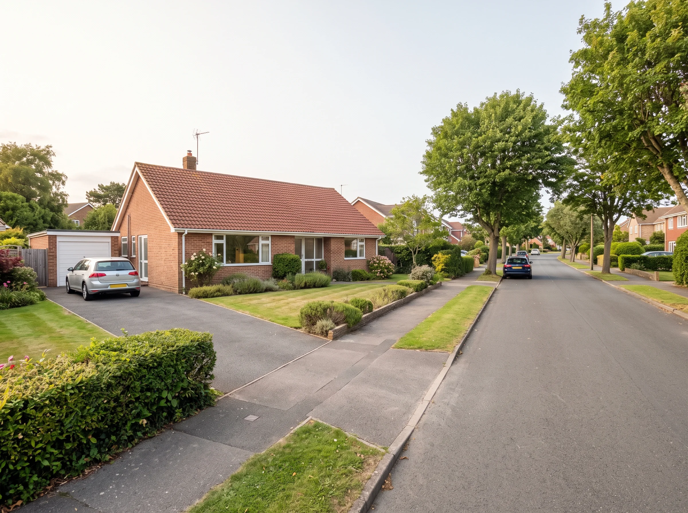 Detached bungalow with a front lawn and driveway on a wide, quiet road