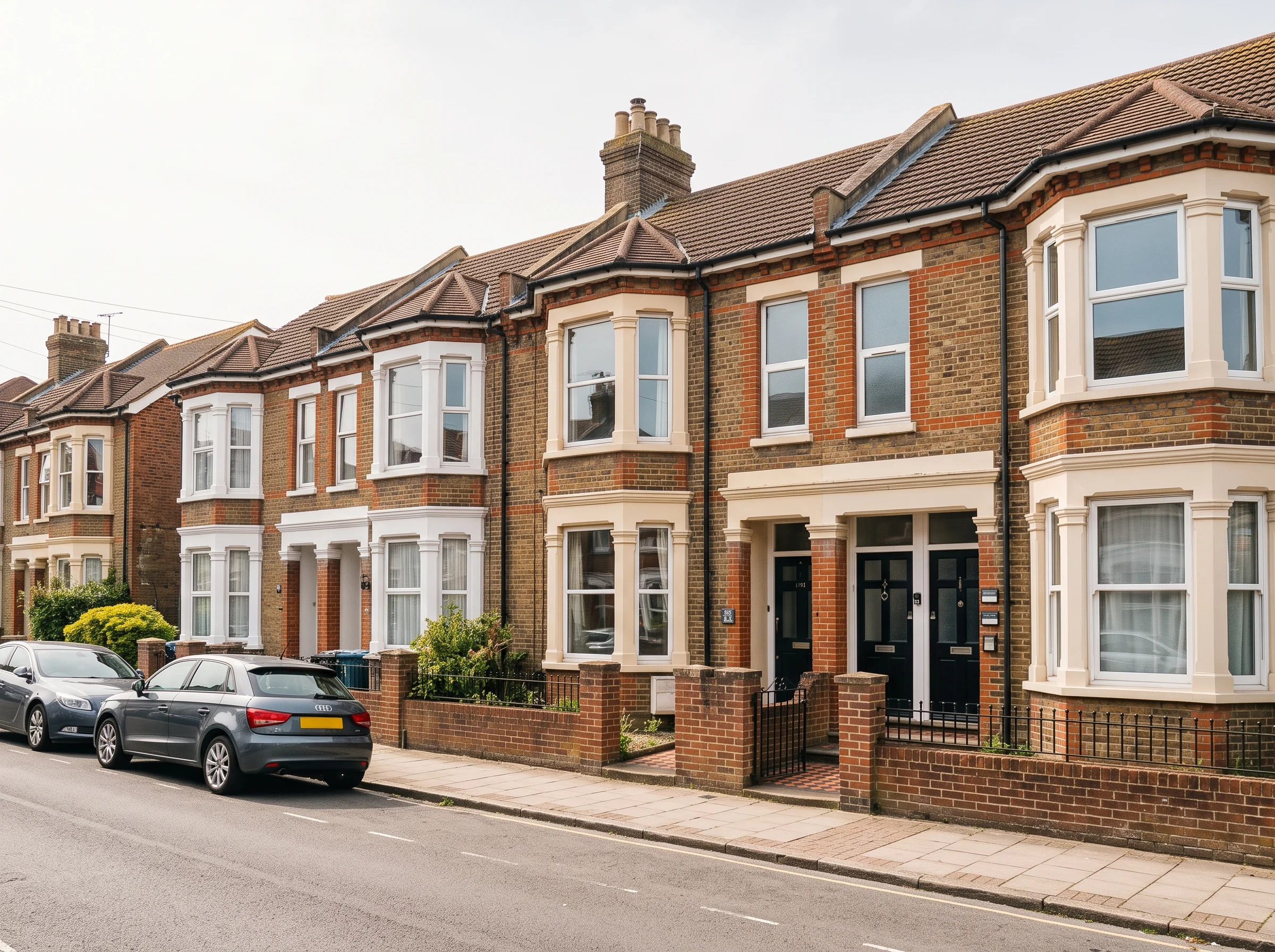 Cream-painted Victorian terraced houses divided into flats, with front doors and bell panels onto the pavement
