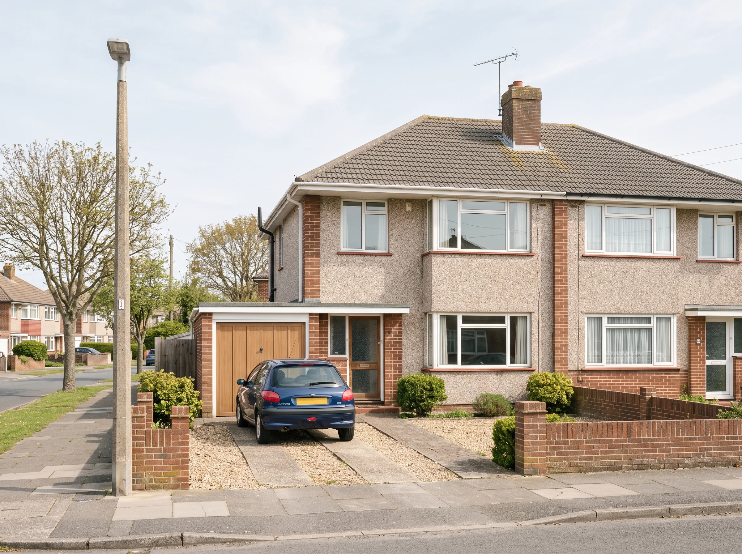 Semi-detached house with a front drive and grass verge on a residential close