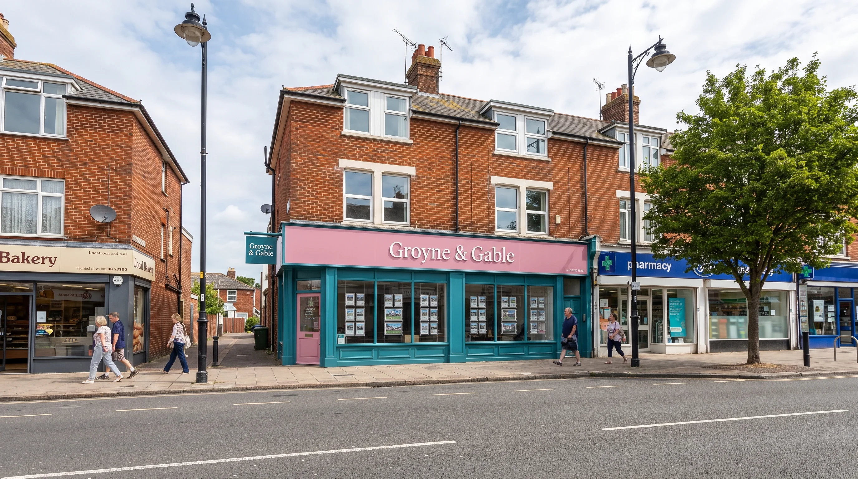 A shopfront with pink signage on a Worthing parade, seen from across the road with the pavement and neighbouring shops either side