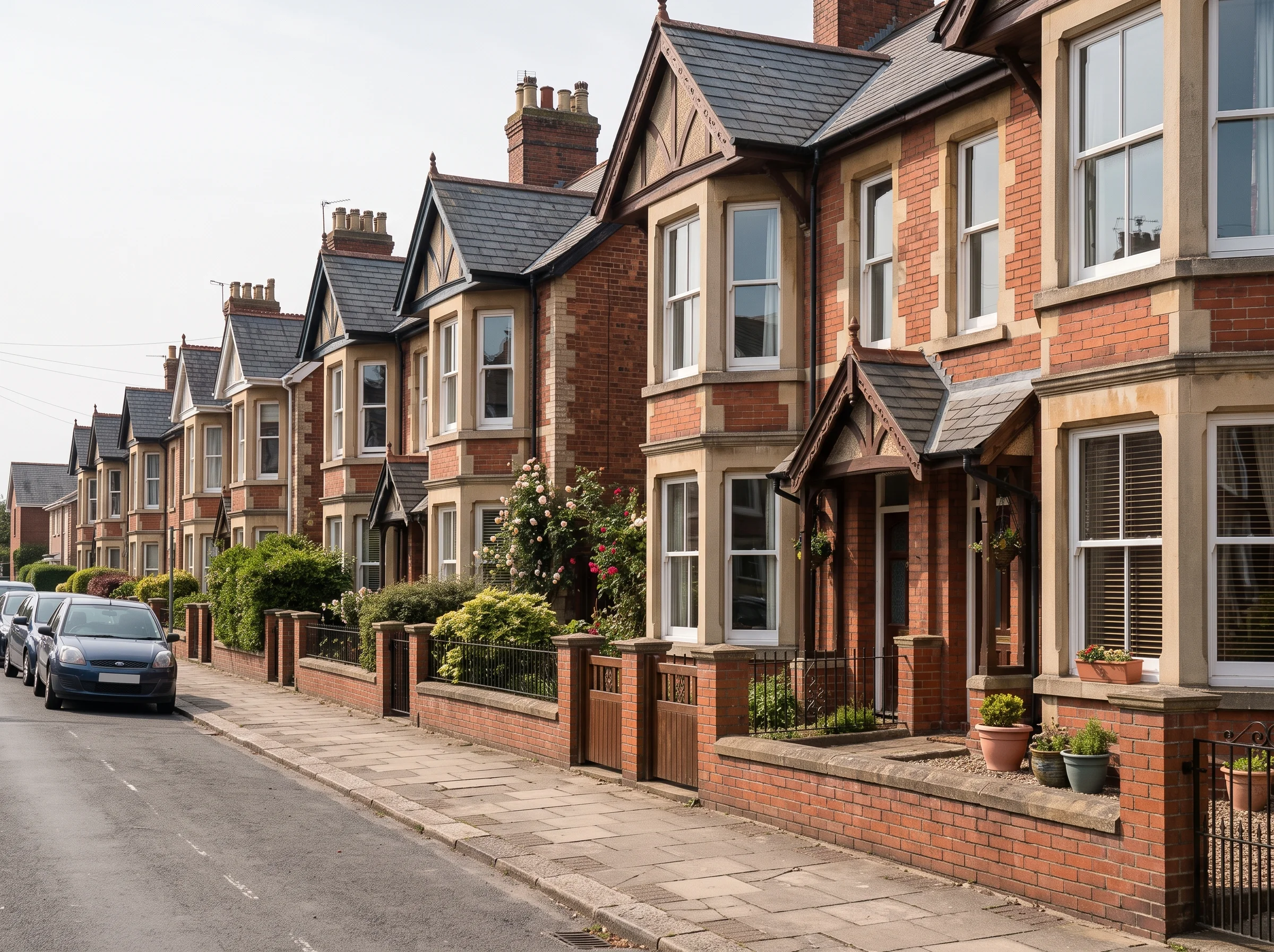 A row of bay-fronted Victorian terraced houses stretching along a tree-lined street