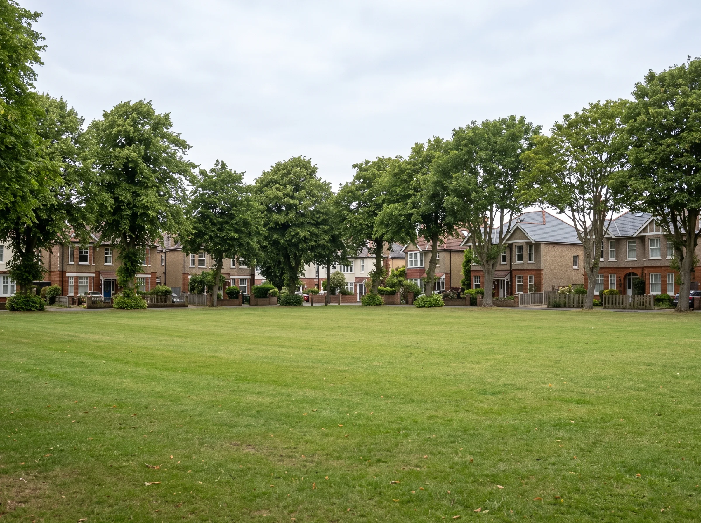Broadwater Green, an open stretch of grass with mature trees and houses beyond