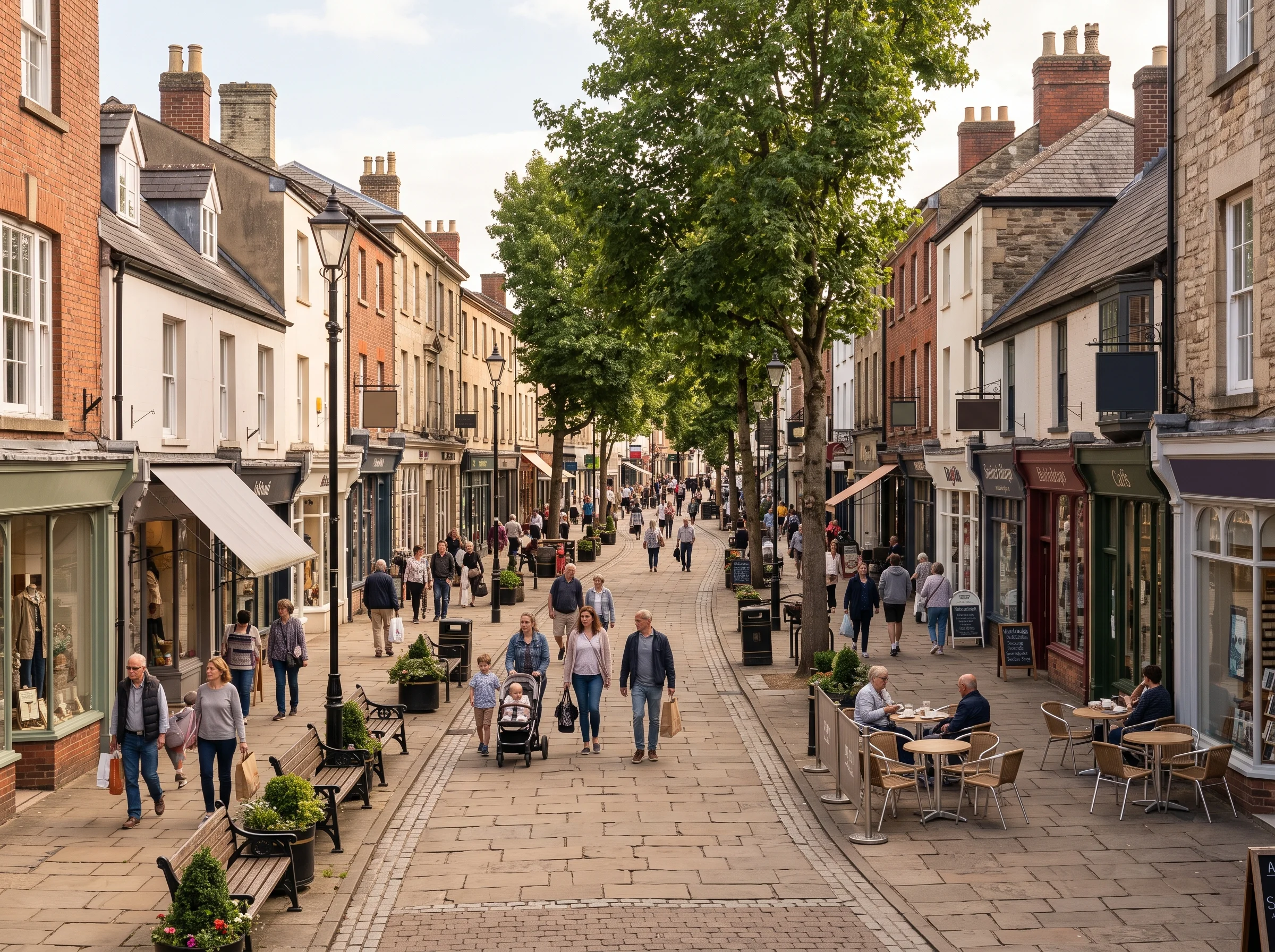 A pedestrianised shopping street in Worthing town centre on a quiet weekday