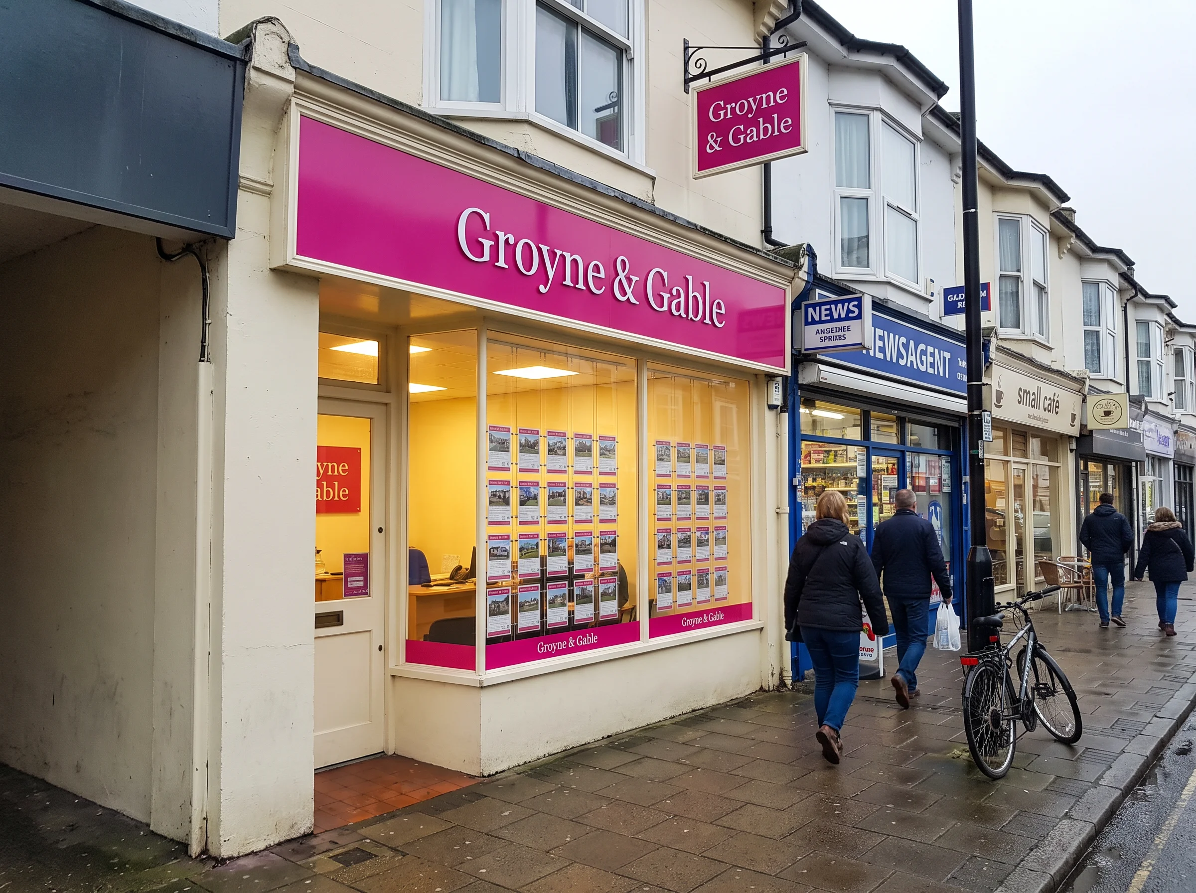 A shopfront with pink signage on a Worthing parade, its window lit warmly from inside in daylight