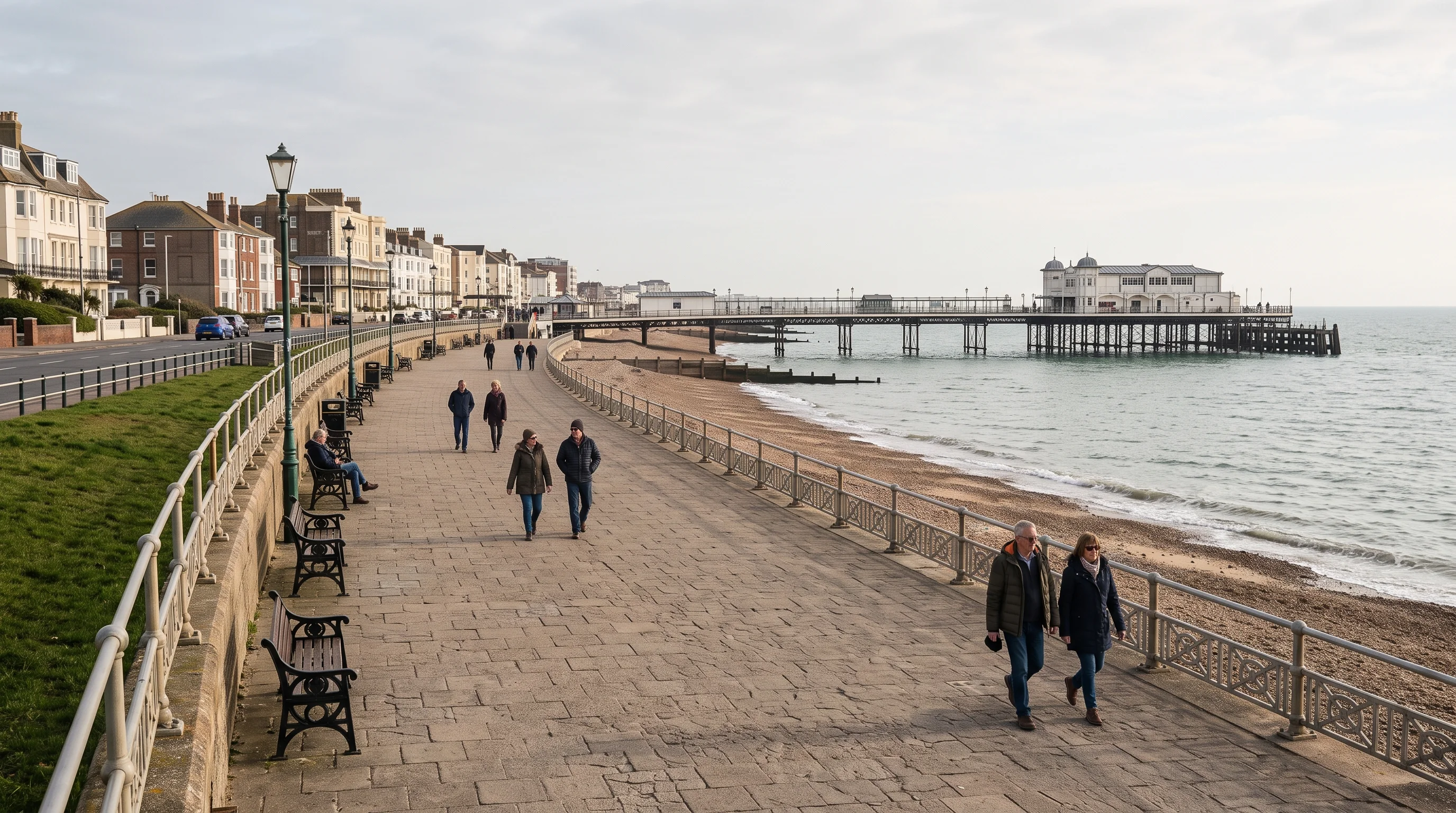 Worthing seafront on a soft grey morning, the promenade running along the shore towards the pier under a wide pale sky